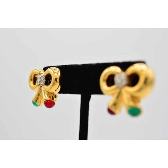 Joan Rivers Vintage Cabochon Bow Clip On Earrings Christmas Holiday Signed BinW - Picture 3 of 12